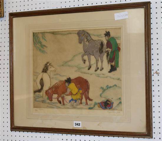 Elyse Ashe Lord, etching and aquatint Chinese men and horses